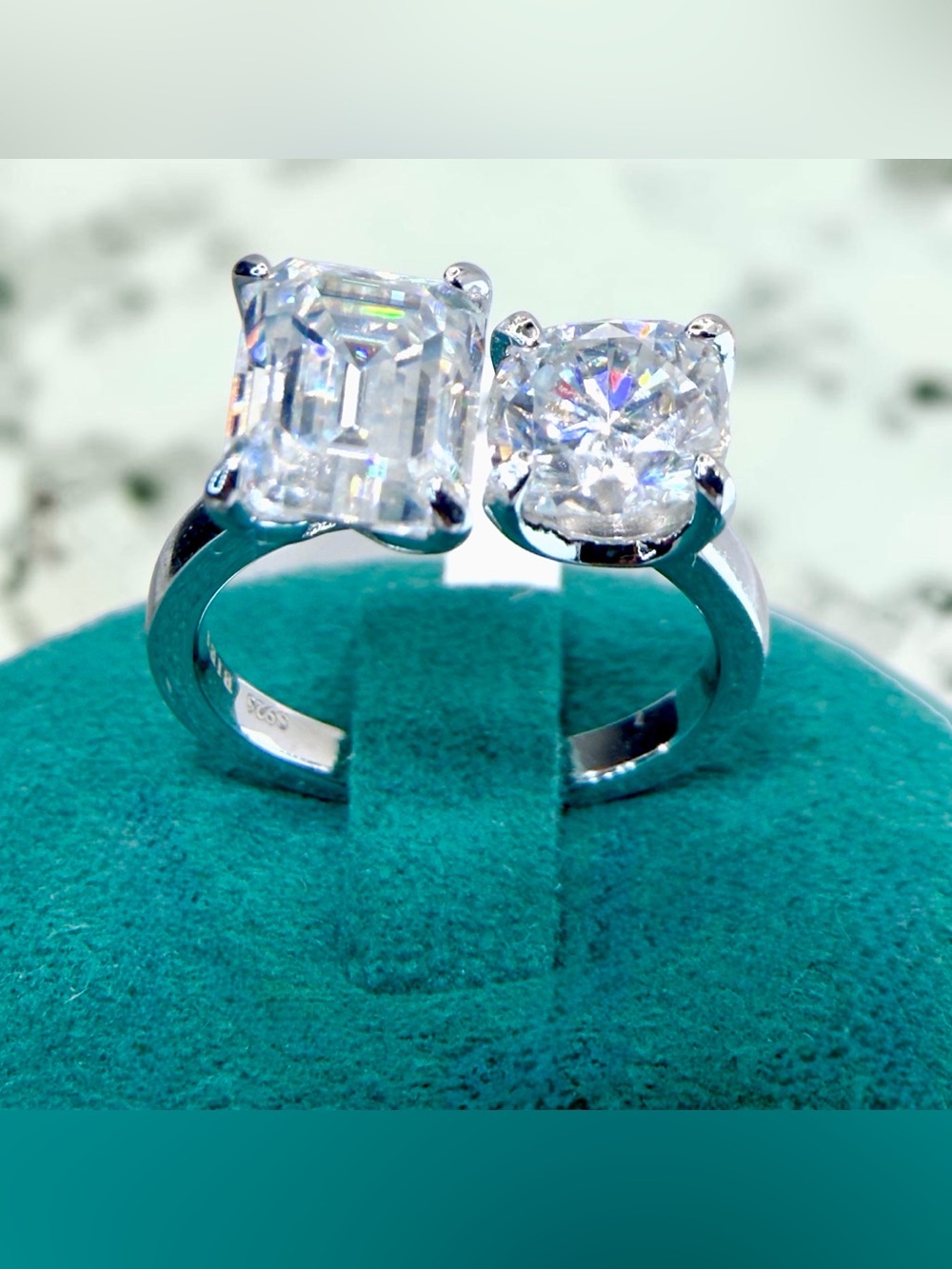 5CT Moissanite Ring • Emerald & Round Cut Duo • Sterling Silver • Size 5 - Picture 4 of 16
